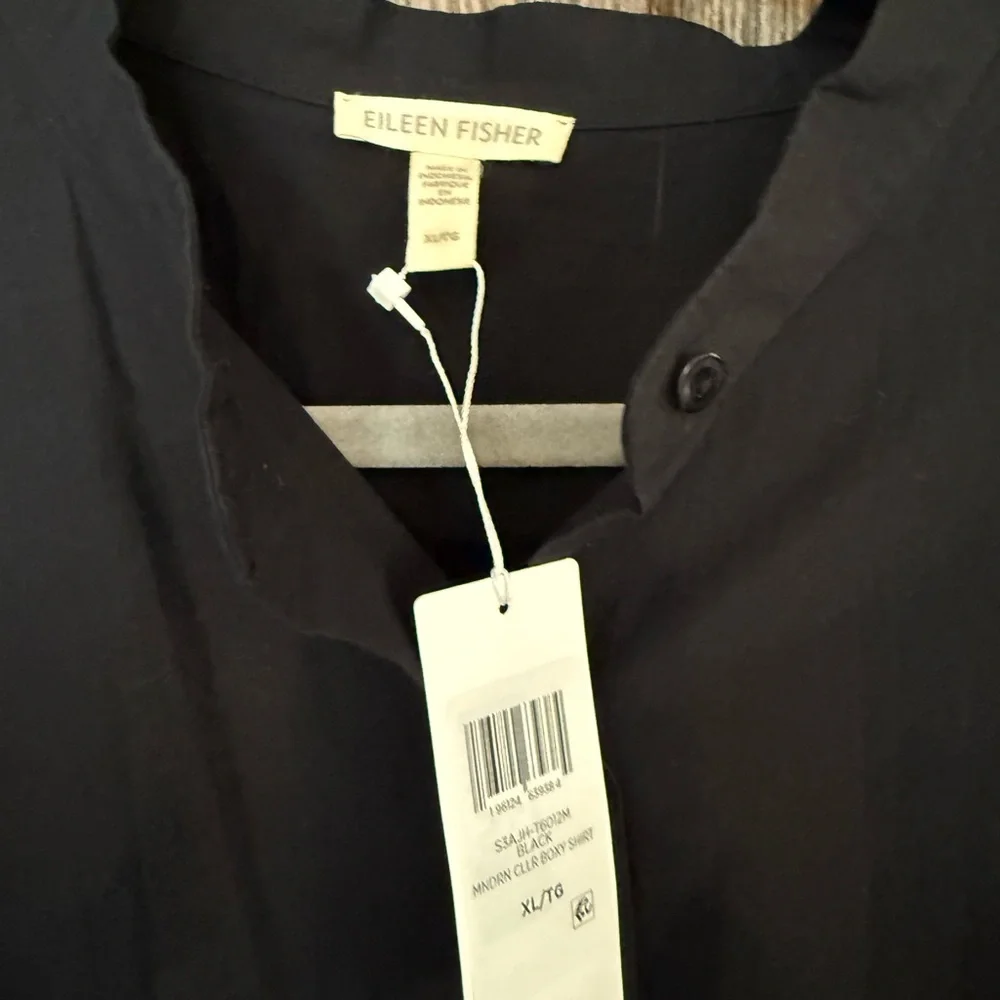 NWT Eileen Fisher Black Mandarin Collar Boxy Button-Up Shirt XL - Picture 2 of 10